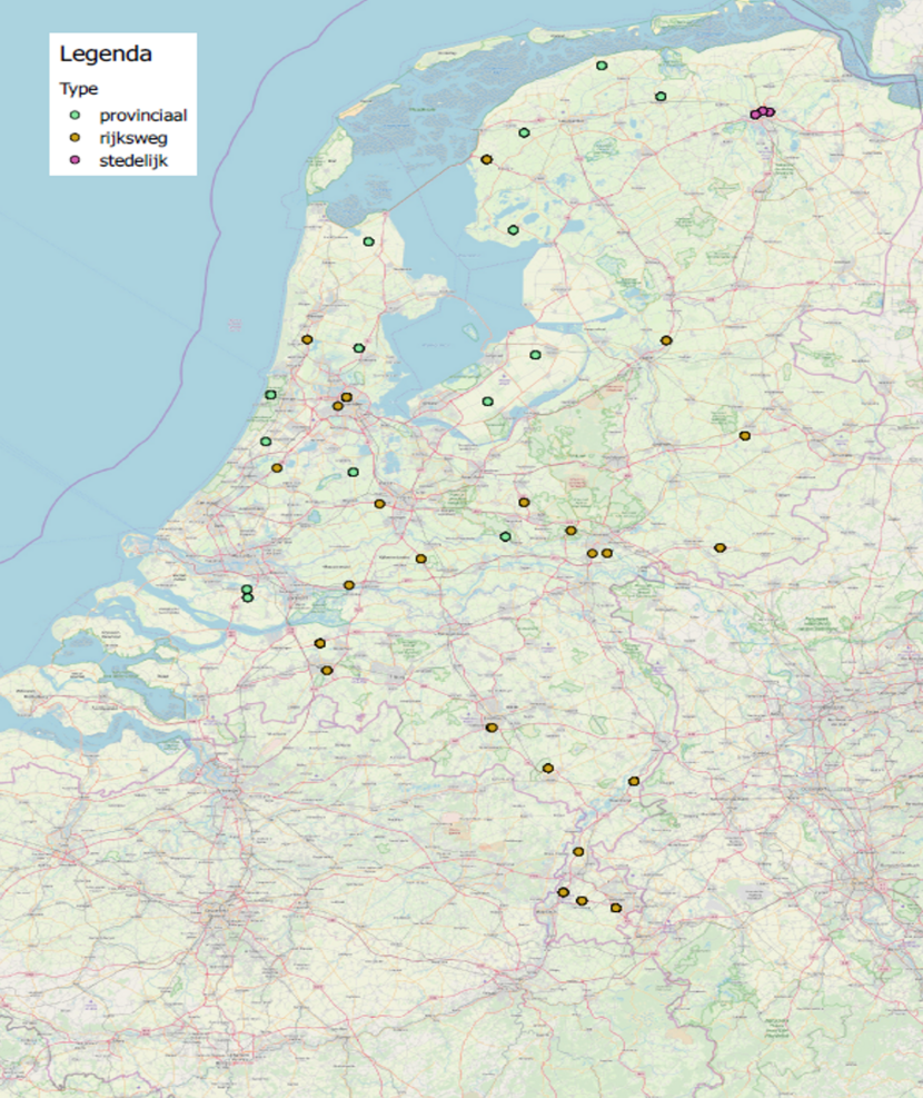 Figuur 1. De 69 meetlocaties die we in ons ‘gemiddeldenonderzoek’ hebben meegenomen