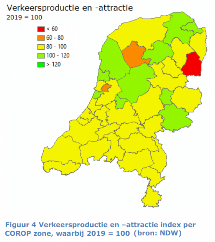 Figuur 4. Verkeersproductie en –attractie index per COROP zone, waarbij 2019 = 100