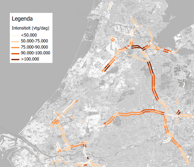 Figuur1. Gemiddelde werkdag intensiteit 2016 op wegvakken met tenminste 4 rijstroken.