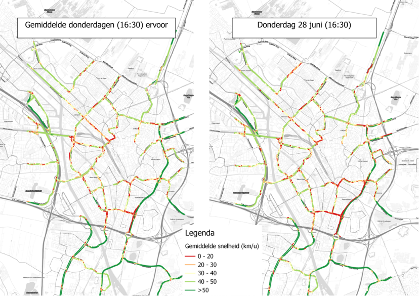 Figuur 1. Gemiddeld snelheidsbeeld op een normale donderdag (links) en op de stakingsdonderdag (rechts)