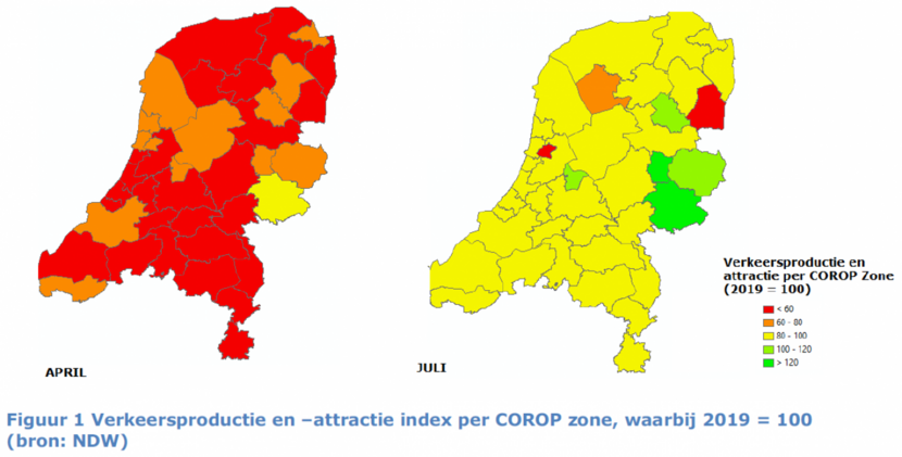 Figuur 1. Verkeersproductie en –attractie index per COROP zone, waarbij 2019 = 100