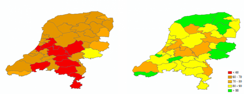 Figuur 3. Index intensiteiten HWN per COROP regio op 31 maart (links) en 15 december (rechts), waarbij 3 maart = 100